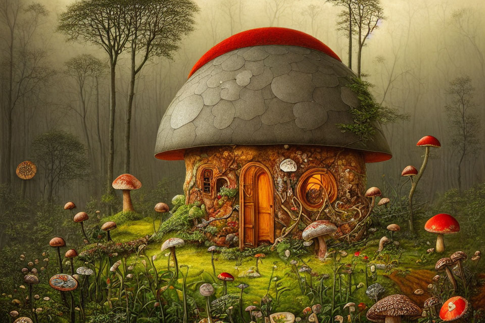 Whimsical mushroom house illustration in misty forest