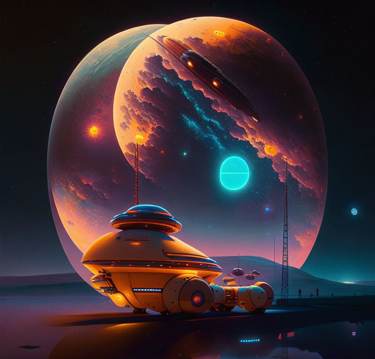 Futuristic landscape featuring large spaceship, planet, moon, and stars