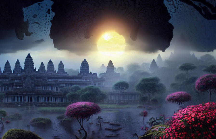 Mystical sunset with Angkor Wat temple silhouette and vibrant flowers.