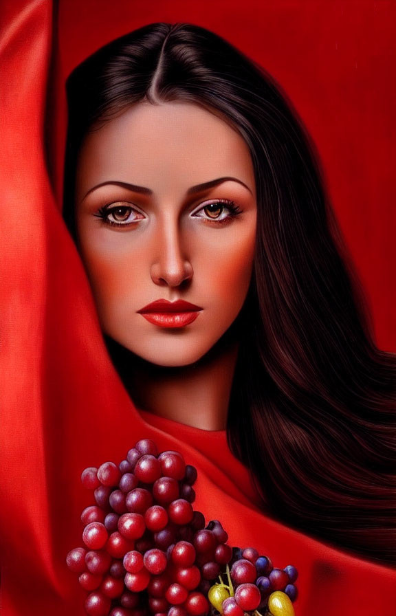 Portrait of woman with dark hair, fair skin, red cloak, holding grapes