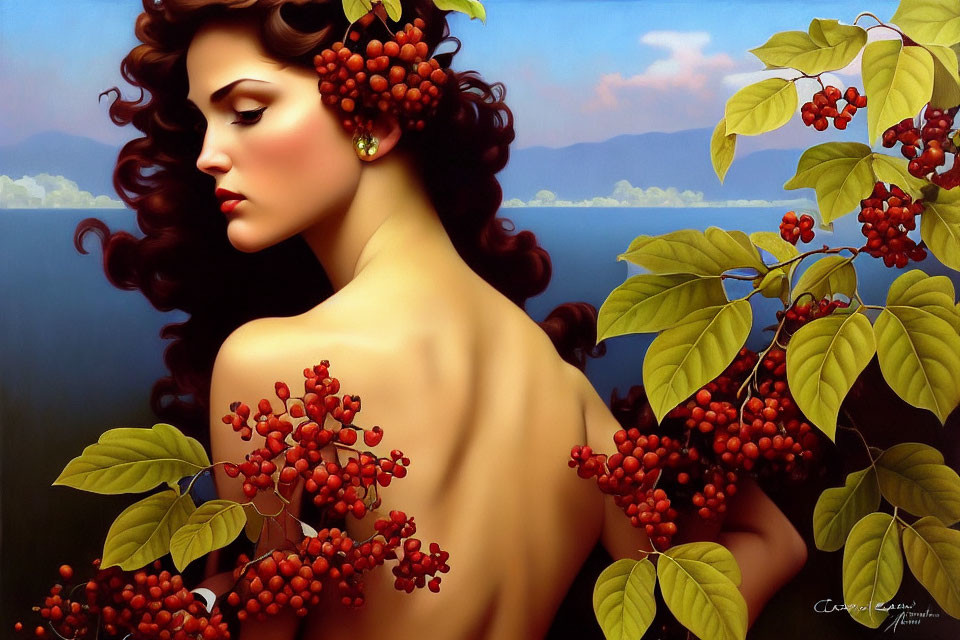 Dark-Haired Woman with Red Berries in Nature Portrait