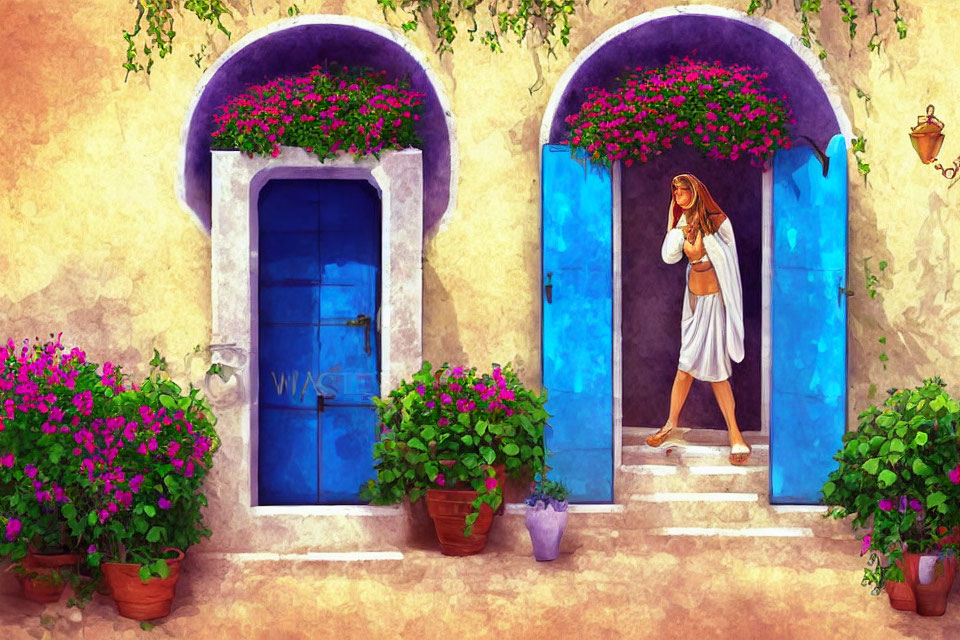 Woman in White Dress Walking in Sunny Courtyard with Blue Doors and Pink Flowers