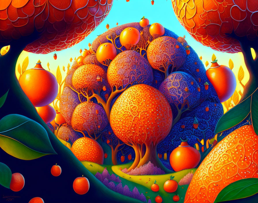 Colorful surreal landscape with oversized fruit and whimsical trees