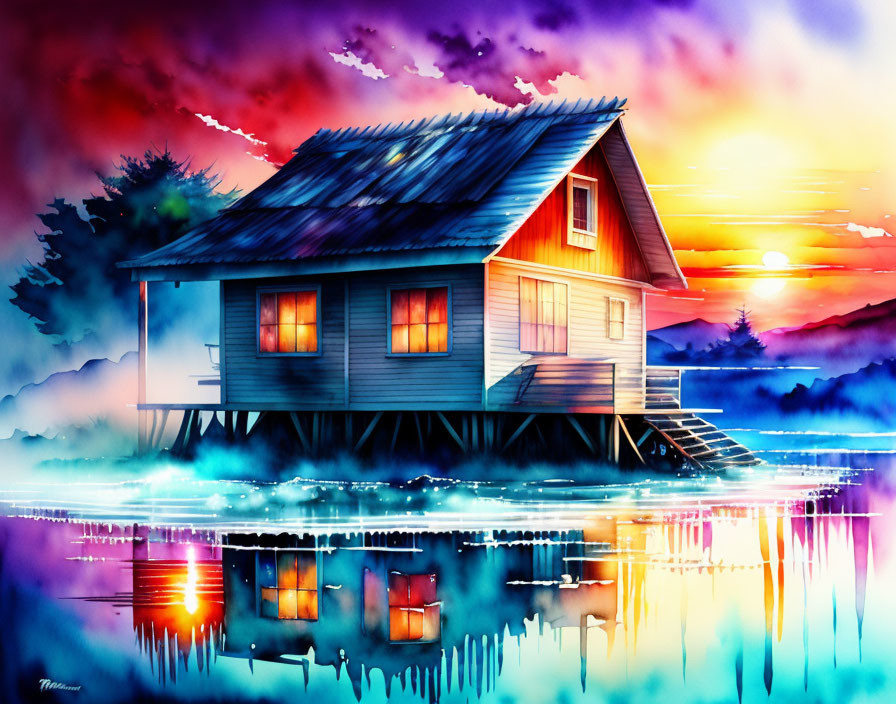Scenic watercolor painting: Wooden cabin by lake at sunset