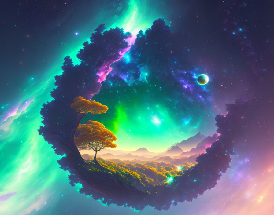 Vibrant cosmic landscape with nebulae, stars, tree-lined surface, and distant planet.