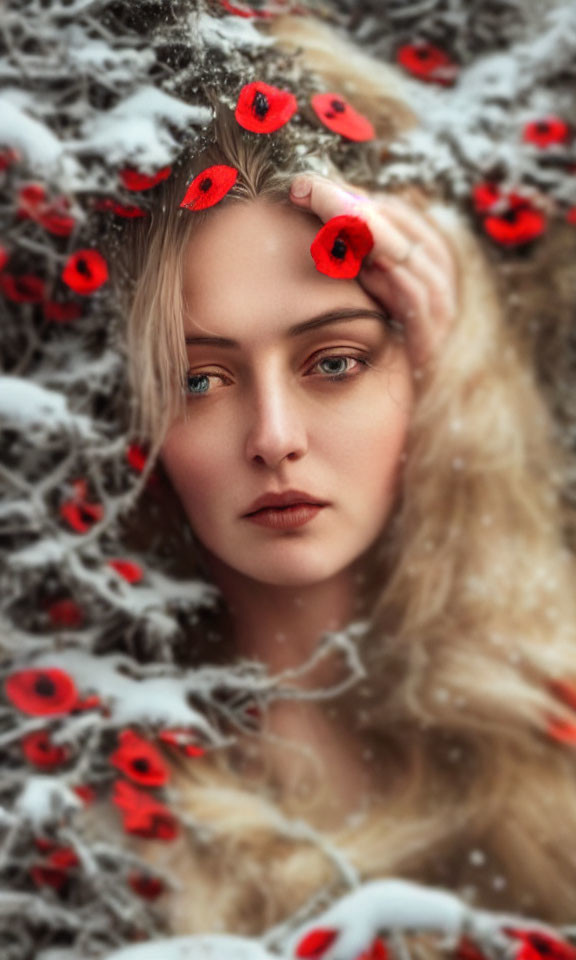 Blonde woman surrounded by poppy flowers and lace portrait.