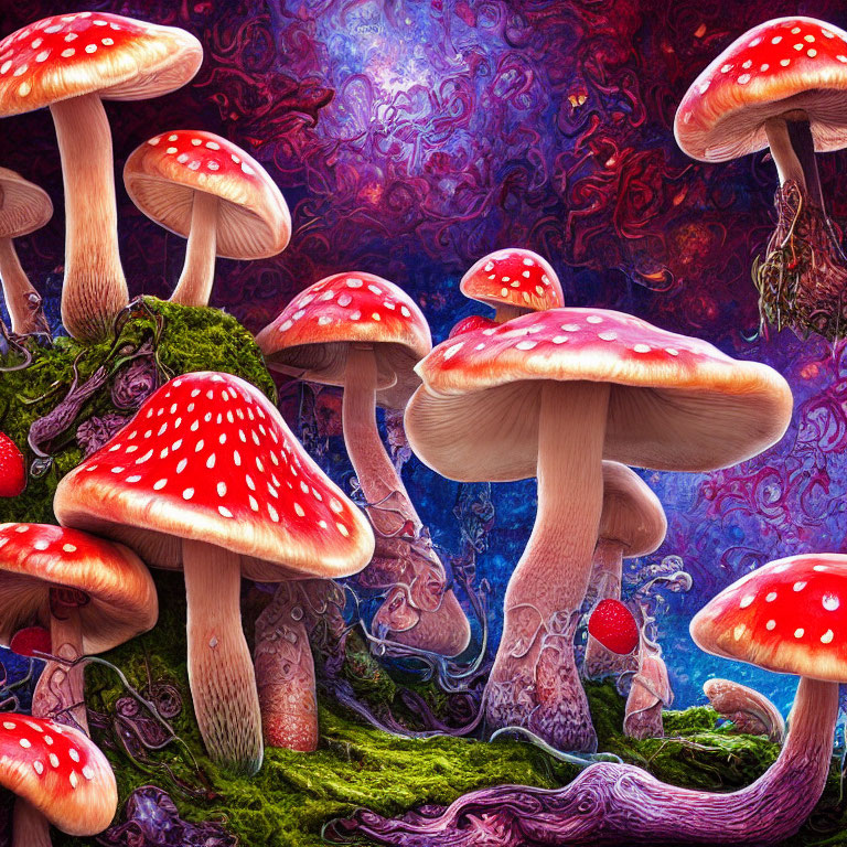 Colorful digital art of red-capped mushrooms in mystical forest landscape