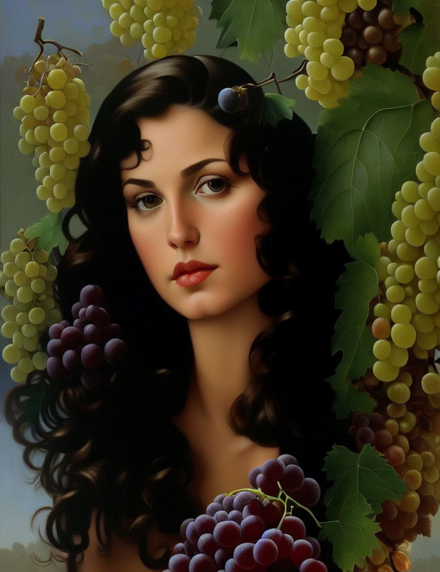 Portrait of Woman with Dark Hair and Green & Purple Grapes
