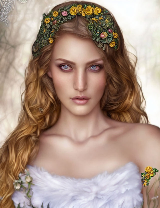 Portrait of woman with wavy blonde hair, blue eyes, floral headband, and white garment with