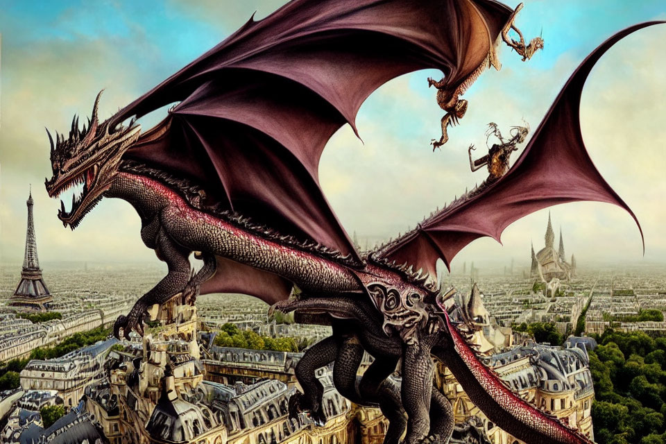 Two large dragons flying over cityscape with iconic landmarks visible