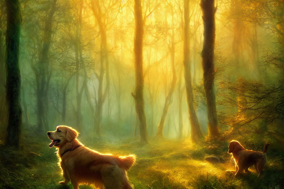 Tranquil forest scene with two dogs in golden light