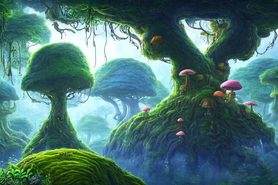 Enchanting forest scene with towering trees, pink mushrooms, and ethereal mist