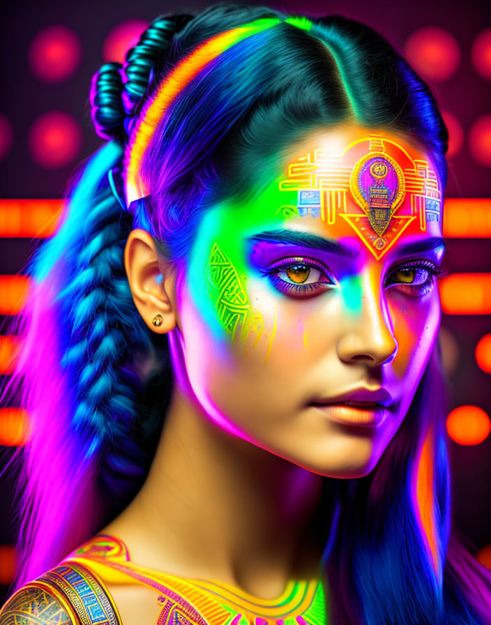 Colorful digital portrait of woman with neon face paint and futuristic patterns