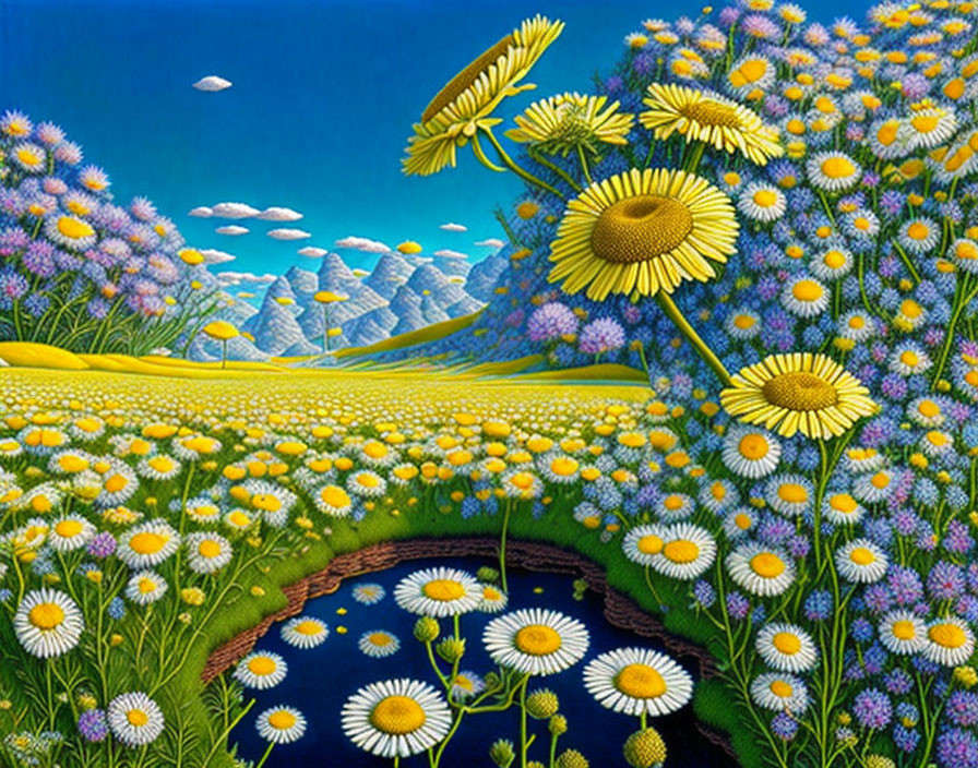Colorful painting of sunflowers, purple flowers, pond, and mountains under blue sky