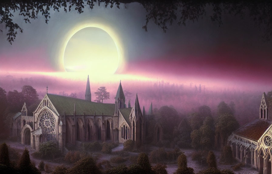 Gothic church in misty forest under eclipsed sun with pink and purple sky