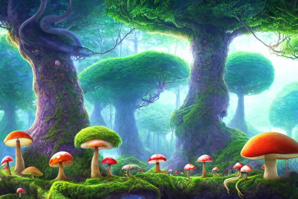 Lush Moss-Covered Trees & Colorful Mushrooms in Enchanted Forest