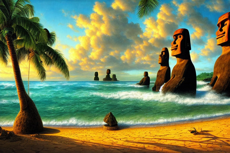 Sunset beach scene with Moai statues, palm trees, and vibrant clouds