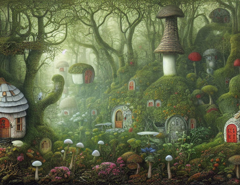Enchanting forest with mushroom houses and vibrant flora