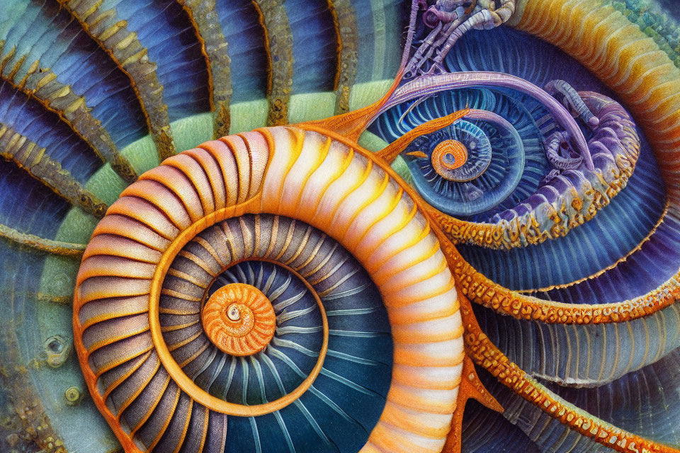 Vibrant nautilus shell spiral patterns in orange, brown, and blue