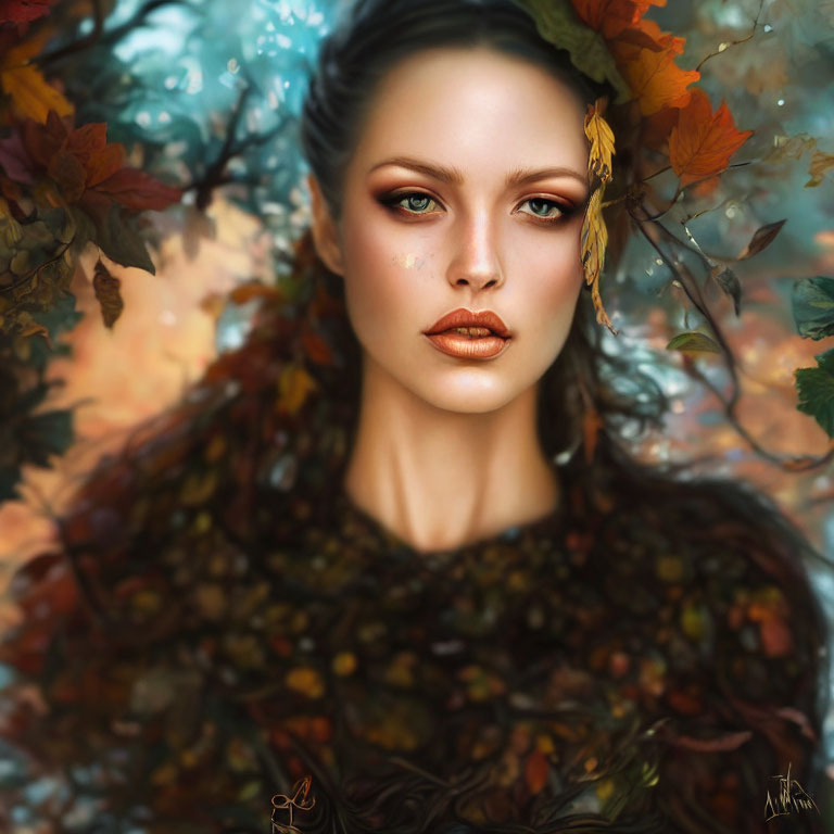 Digital portrait of woman in autumn leaves with serene gaze.