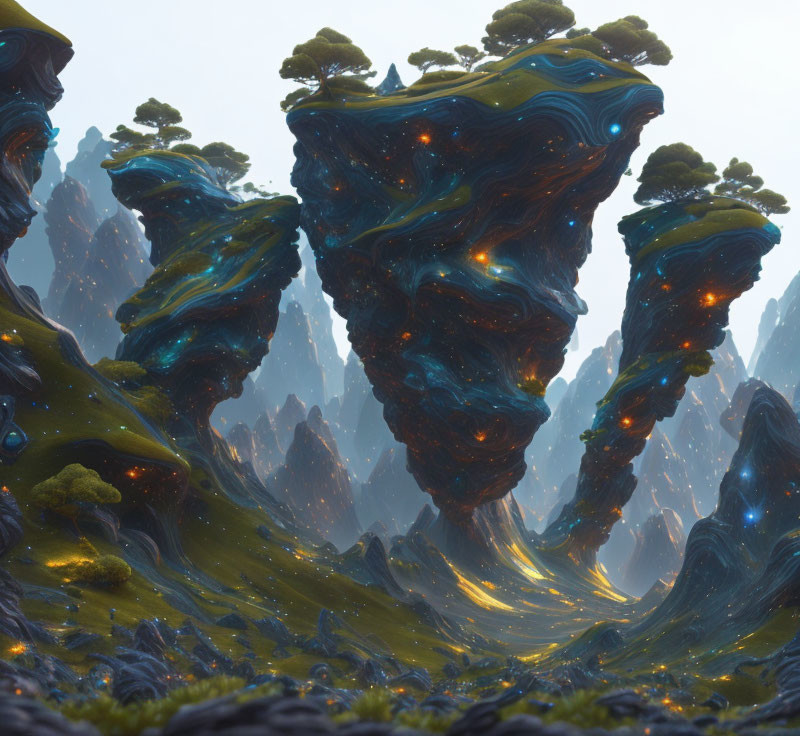 Surreal fantasy landscape with floating rock formations above glowing grassy terrain