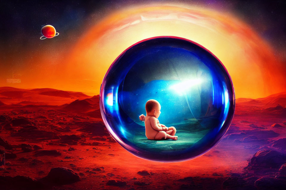 Baby in translucent bubble on Mars-like surface with radiant sky and planets
