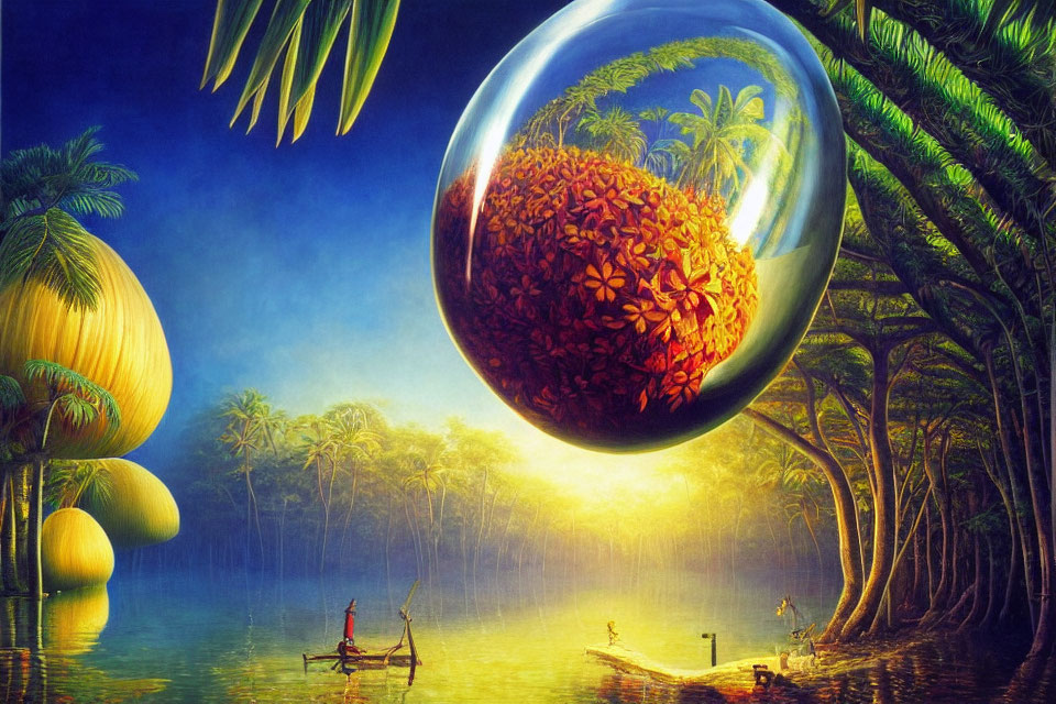 Surreal tropical scene with fisherman, floating orb, butterflies, lush greenery, and golden