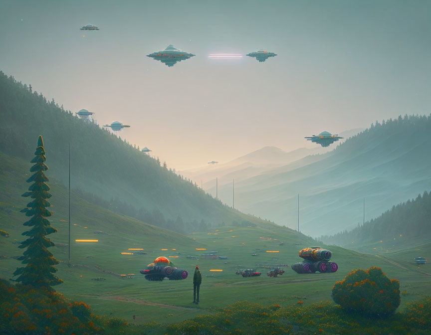 Futuristic vehicles and flying saucers in misty green valley