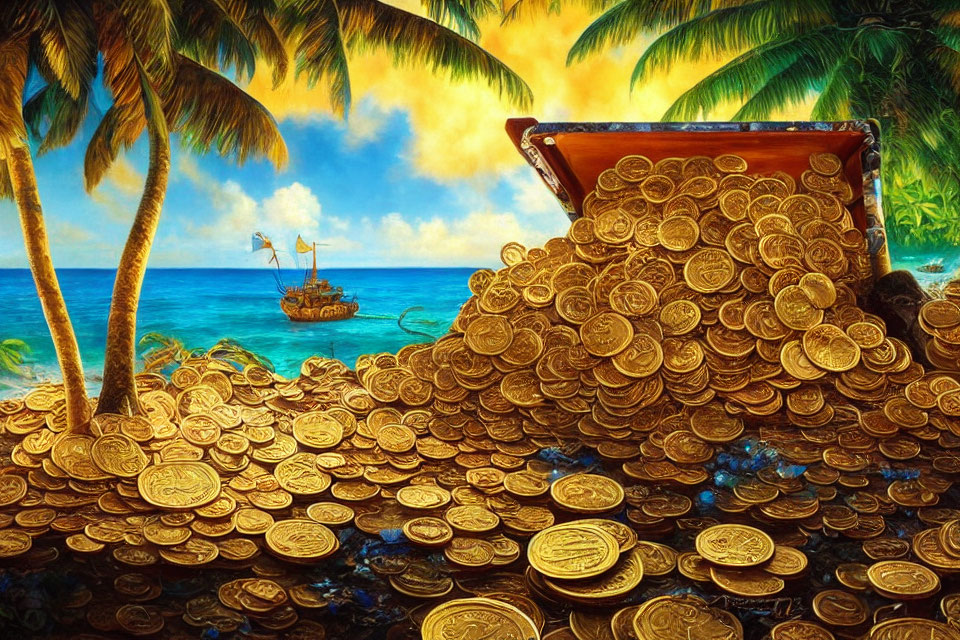 Tropical beach scene with overflowing gold coins