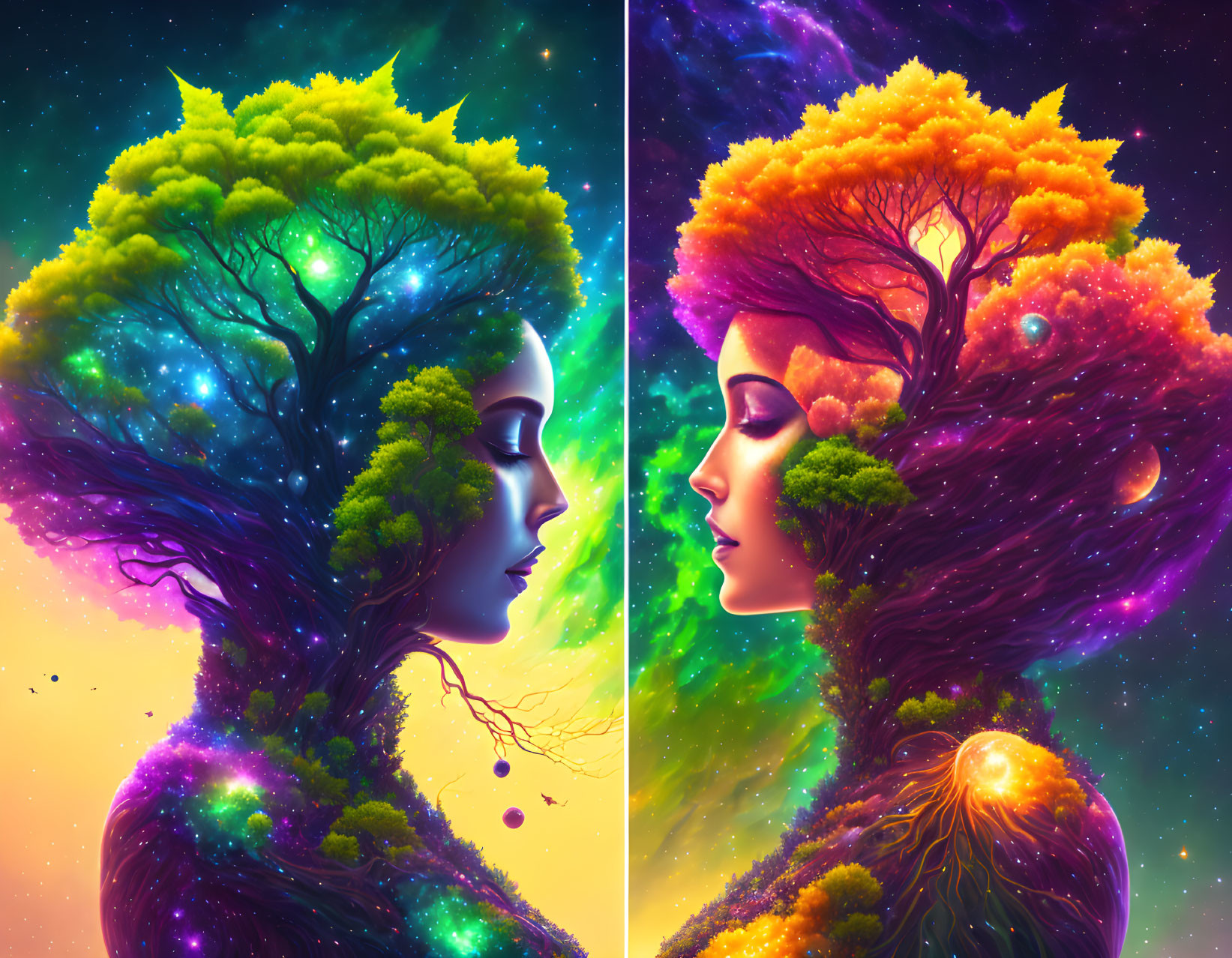 Colorful dual tree profiles on cosmic backdrop with transitioning foliage