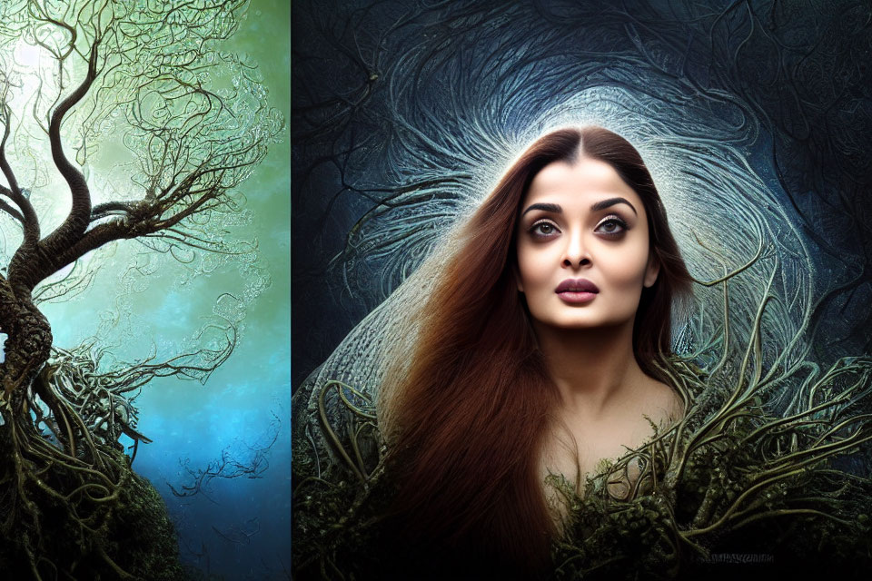 Woman with Long Flowing Hair in Mystical Forest Setting
