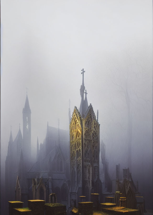 Foggy Gothic church with shadowy gravestones & bare trees