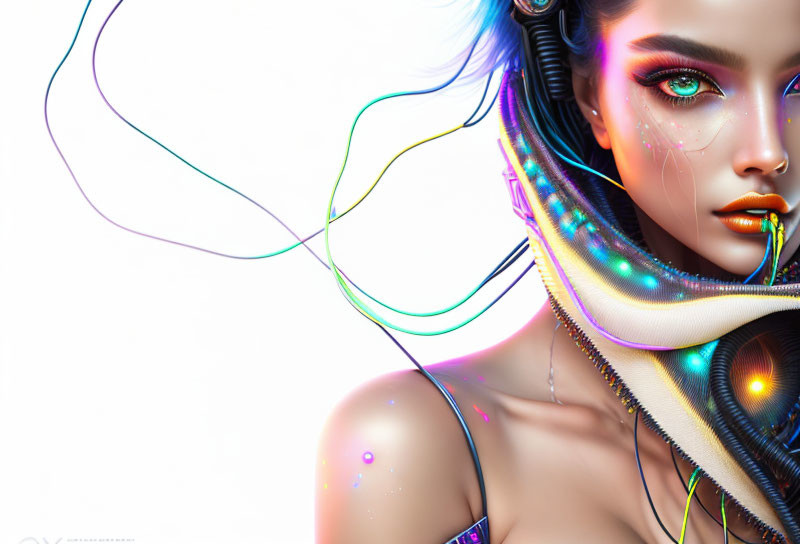 Futuristic female with vibrant makeup and glowing wire-like embellishments
