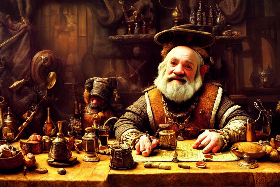 Elderly man with white beard in renaissance hat surrounded by vintage objects and maps
