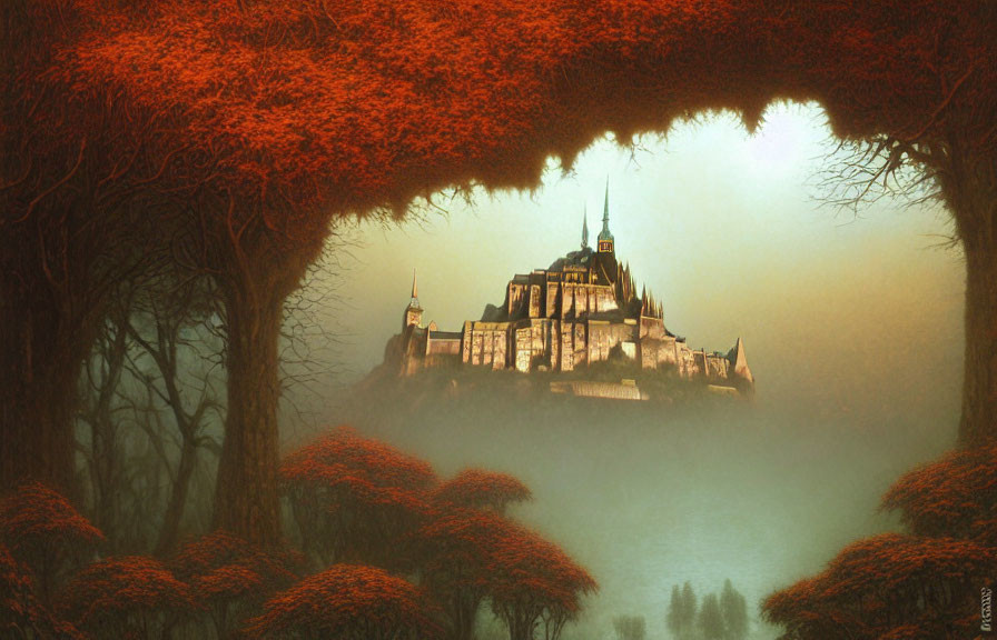 Mystical Castle in Autumn Forest with Red Foliage and Foggy Sky