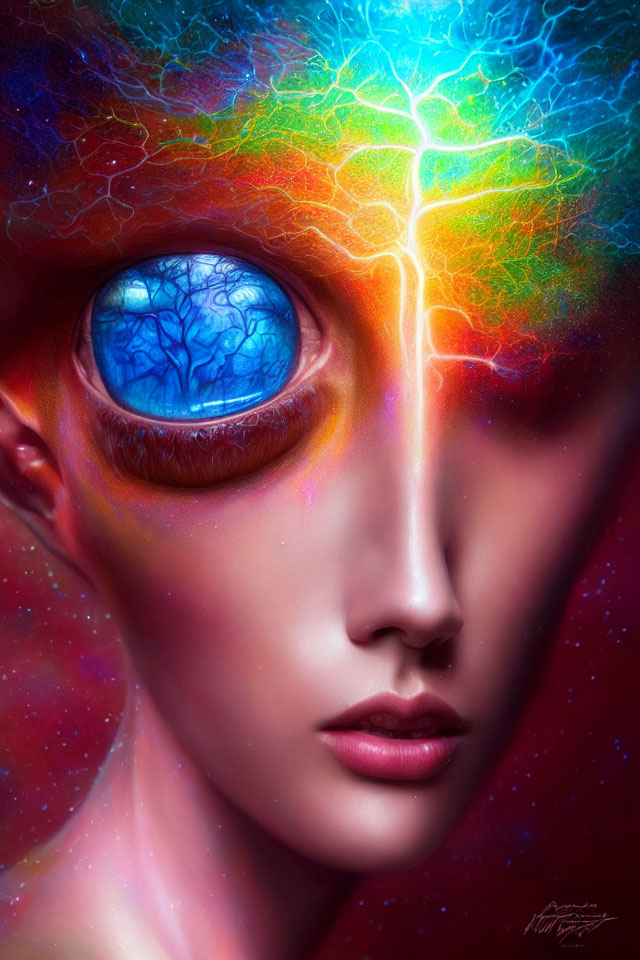 Vibrant surreal portrait of humanoid face with colorful brain map overlay