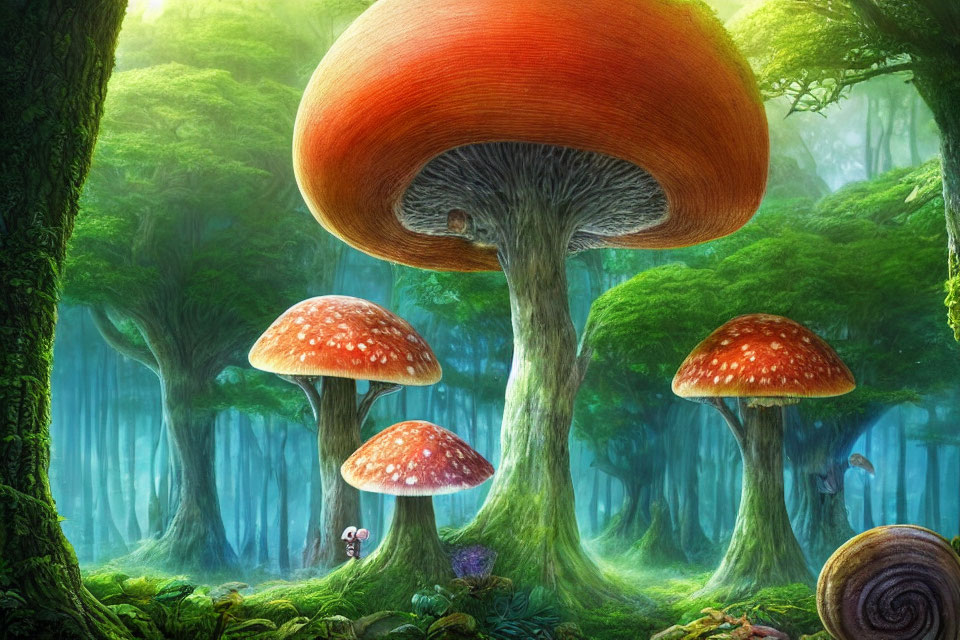 Enchanting forest with oversized red-capped mushrooms in soft light