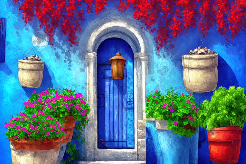 Colorful flowers and lantern adorn blue doorway in painted scene