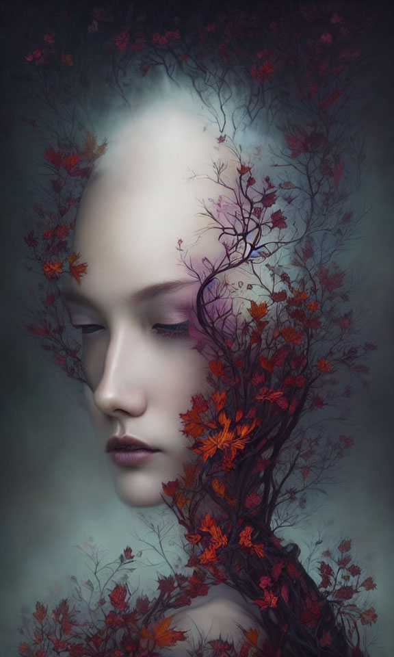 Portrait of person with pale skin and red leaves in hair exudes serene, mystical vibe