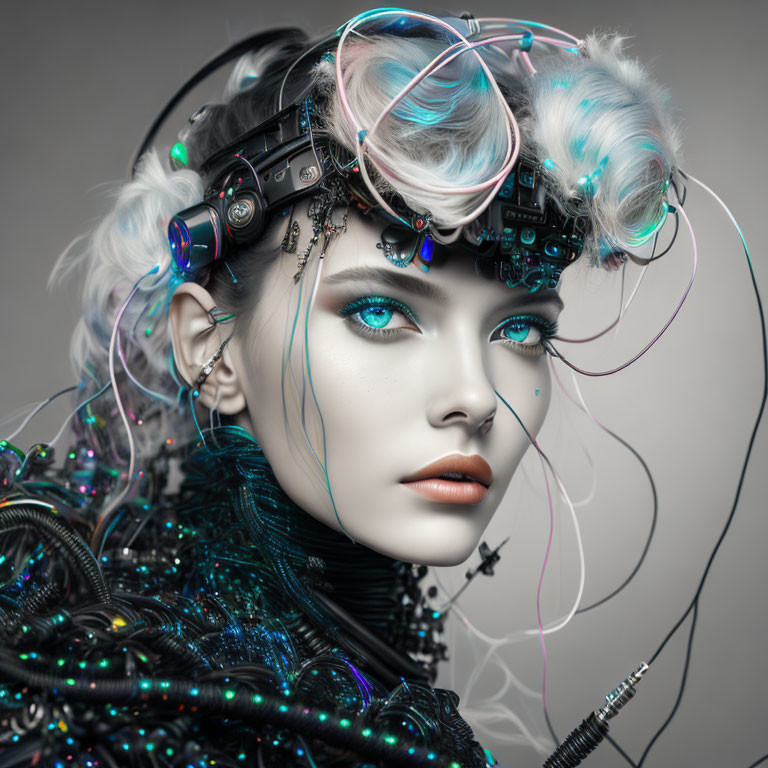 Pale-Skinned Futuristic Woman with Cybernetic Enhancements