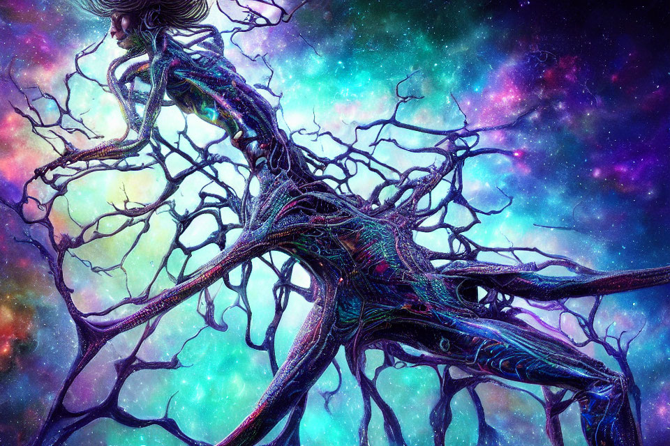Cosmic human figure merges with tree-like structures in nebula background