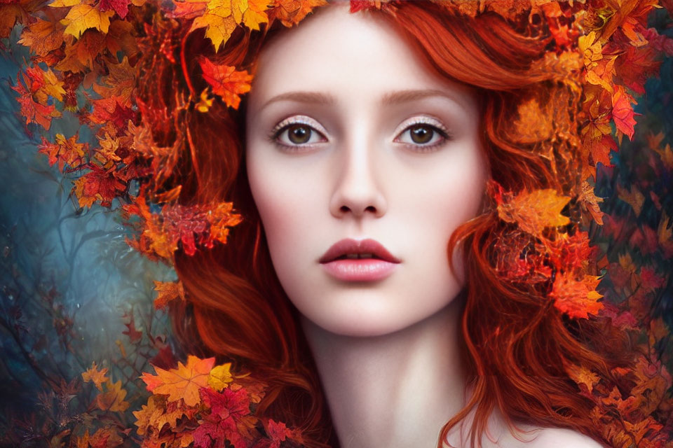 Vibrant red-haired woman in autumn leaves with ethereal fall-inspired look