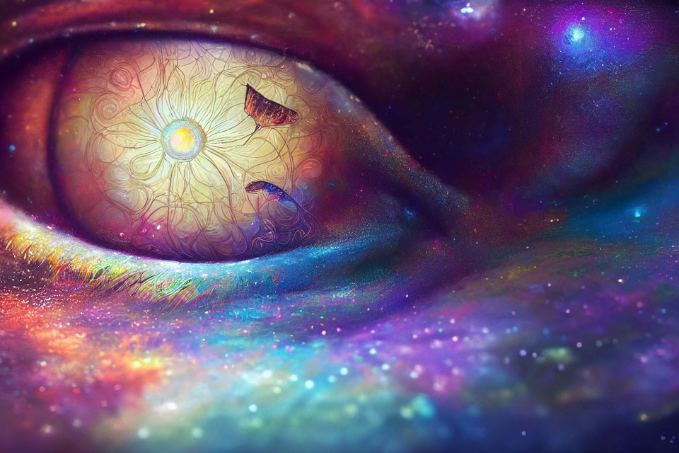 Vibrant cosmic eye art with galaxy iris and butterflies