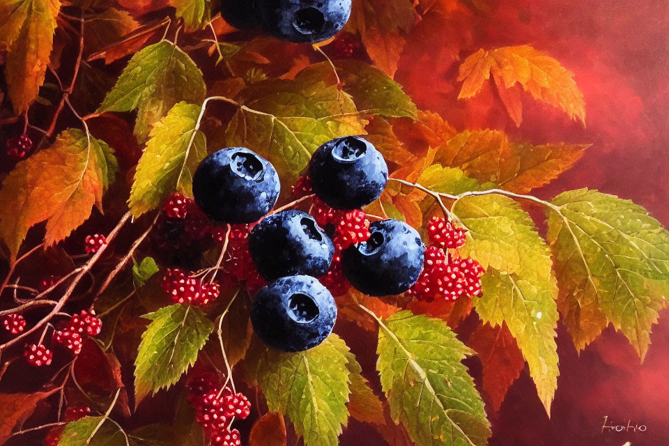 Colorful Still Life Painting of Berries and Leaves on Red Background