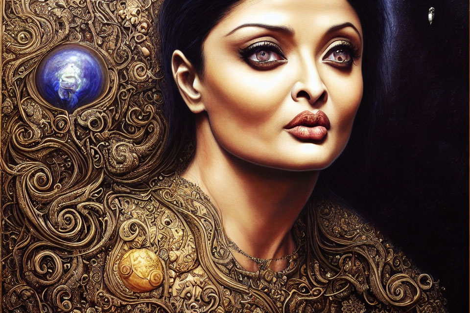 Elaborately detailed surreal portrait with golden patterns and Earth in a bubble
