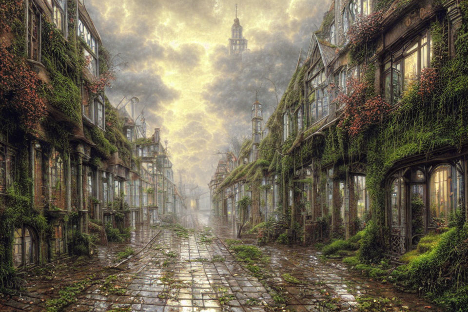 Ivy-covered buildings on cobblestone street under dramatic sky