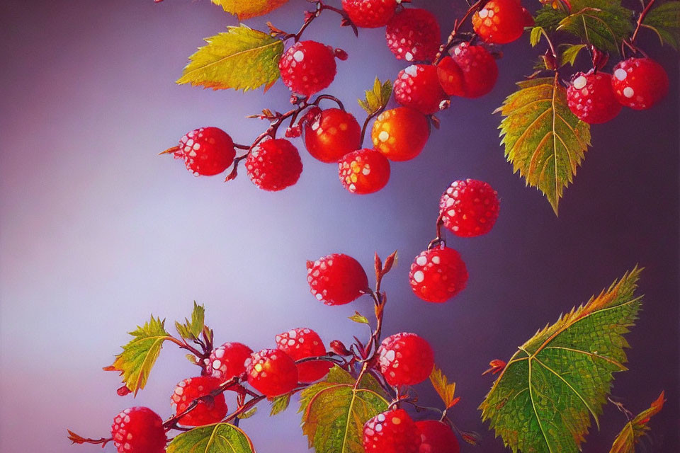 Ripe red berries and green leaves on purple background