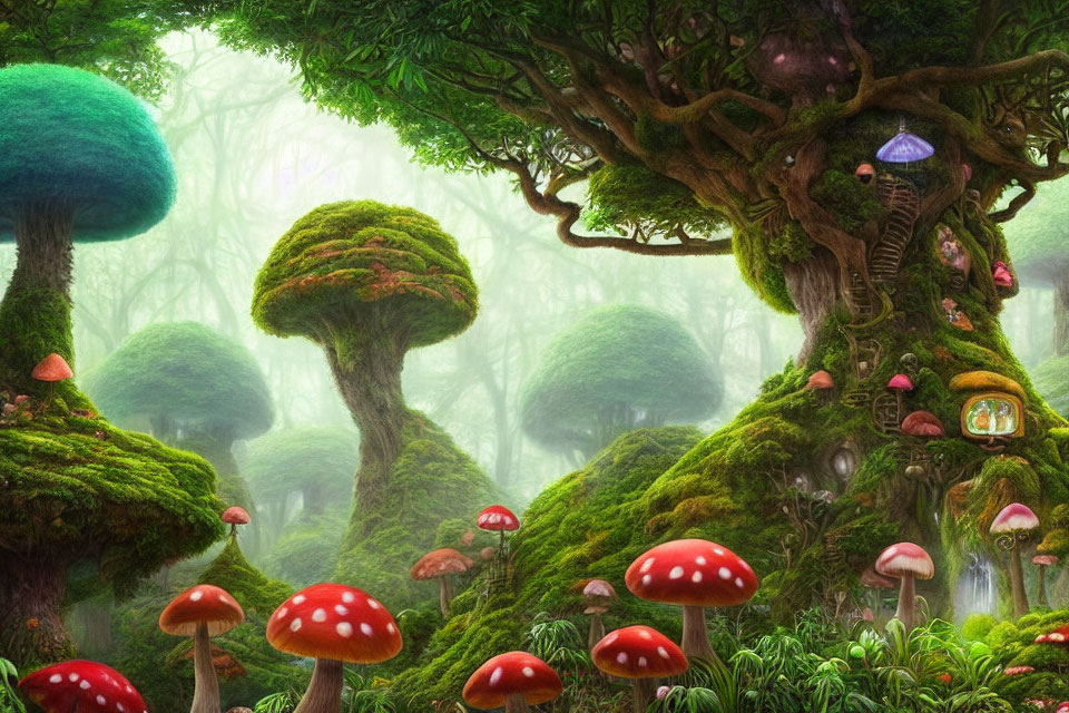 Mossy trees, red mushrooms, whimsical houses in misty forest