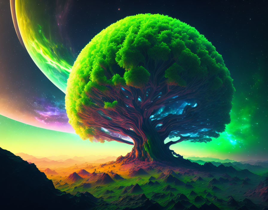 Digital art: Colossal tree on alien planet with lush foliage and green celestial body