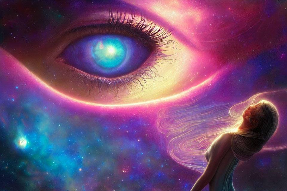 Woman Looking at Cosmic Eye in Nebula Dreamscape